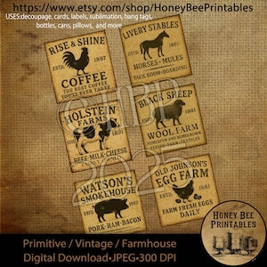 May include: A set of ten printable vintage farmhouse signs featuring black and white illustrations of animals and text. The signs include "Rise & Shine", "Livery Stables", "Coffee", "Holstein Farms", "Black Sheep", "Wool Farm", "Watson's Smokehouse", "Old Johnson's Egg Farm", and "Honey Bee Printables".