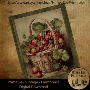 Vintage Primitive Farmhouse Digital Download Printable Sublimation Decoupage Labels, Vintage Strawberries, Basket of Berries, Country, Wood