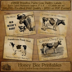 Primitive Cow Kitchen Pantry Farmhouse Labels-Printable Digital JPEG File-Instant Download - Use on Jars, crock, crates, books, journals,etc