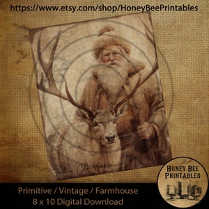 Vintage Primitive Farmhouse Digital Download Printable Sublimation Decoupage Labels Distressed Grungy Santa Claus Father Christmas Reindeer