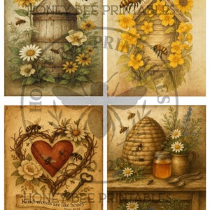 Könnte beinhalten: Vier Vintage-Drucke mit Bienen, Blumen und Bienenstöcken. Ein Druck zeigt einen herzförmigen Kranz, einen Schlüssel und den Text "Kind words are like honey... Prov. 16.24". Die Drucke sind in warmen, erdigen Tönen gehalten.
