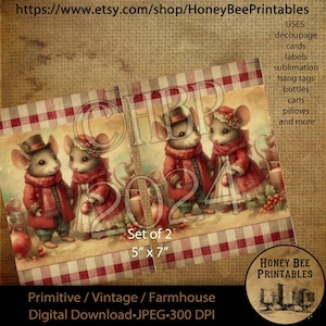 Digital Download, Printable, Decoupage, Vintage,  Primitive, Farmhouse, 5x7, Set of 2, Christmas, Victorian Mice, Christmas Mice, Mouse, #2