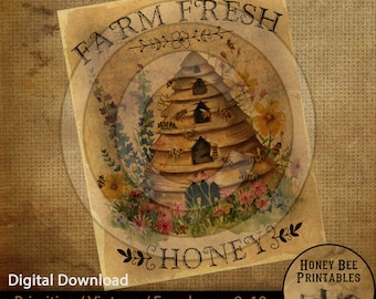 Puede incluir: Un diseño imprimible digital que presenta una ilustración vintage de una colmena con abejas, rodeada de flores. El texto "FARM FRESH HONEY" se muestra en un círculo sobre la colmena. El diseño es adecuado para la decoración de estilo farmhouse y mide 8x10 pulgadas.