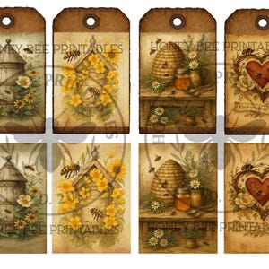 May include: Eight vintage-style gift tags with bee and floral designs. Each tag features a different illustration, including beehives, sunflowers, honey jars, and a heart with a key. The text "Honey Bee Printables" is visible on some tags.