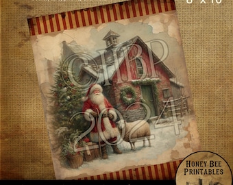 Descarga digital, imprimible, decoupage, primitivo, granja, suministros para manualidades, Papá Noel vintage, Papá Noel del viejo mundo, Navidad, ovejas, granero, n.º 2