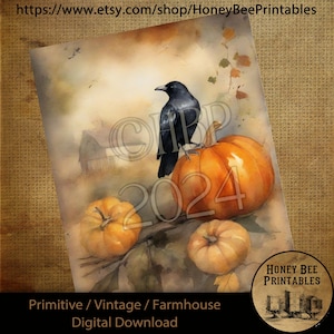 Vintage Digital Download Printable Sublimate Decoupage Primitive, Painting, Old Crow, Fall, Autumn, Watercolor, Crow on Pumpkins, Halloween