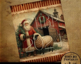 Descarga digital, imprimible, decoupage, primitivo, granja, suministros para manualidades, Papá Noel vintage, Papá Noel del viejo mundo, Navidad, ovejas, granero, n.º 1