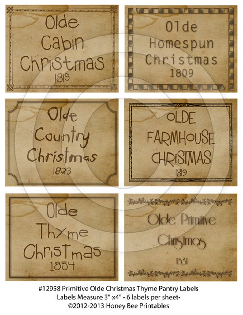 Primitive Olde Christmas Thyme Pantry Labels 12958-Printable Digital JPEG File-Instant Download-Use on Jars,crock,crates,books,cards,ornies image 1