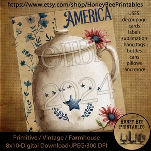 Pode incluir: Uma ilustração de estilo vintage de um pote de cerâmica branco com uma estrela azul e o ano 2024 nele. O pote é cercado por flores vermelhas e azuis. O texto "AMERICA" está no topo da imagem. O texto "Primitive / Vintage / Farmhouse 8x10 - Digital Download - JPEG - 300 DPI" está na parte inferior da imagem.