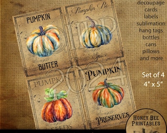 Digital Download, Printable, Decoupage, Vintage, Primitive, Fall, Autumn Pumpkin 4x5 color pantry labels, use for Jars, Cans, Books, wood