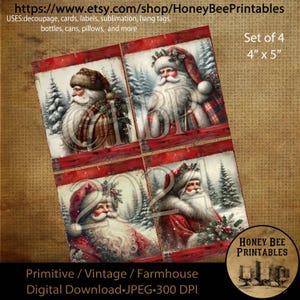 Digital Download, Digital Art, Printable, Decoupage, Primitive, Craft Supplies, Set / 4, 4x5, Christmas, Santa Claus, Vintage, Old World