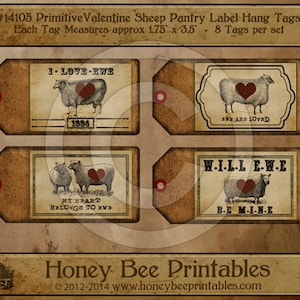 May include: Eight vintage-style Valentine's Day gift tags featuring sheep and hearts. The tags are printed on brown paper with white text and images. The text on the tags includes "I Love ewe", "We are Loved", "W.I.L.L E.W.E", "My heart belongs to ewe", and "Be Mine". Each tag measures 4.4 cm by 8.9 cm.