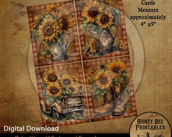 Pode incluir: Quatro cartões de diário imprimíveis com girassóis em um fundo xadrez vermelho. Os cartões medem aproximadamente 10 cm por 13 cm. Os designs incluem girassóis em um jarro, girassóis na caçamba de um caminhão e girassóis em botas.