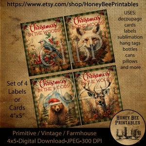 vintage primitif instantané téléchargement imprimable découpage, Noël dans les bois, animaux de la forêt, renard, ours, cerf, oiseau, lot de/4 cartes, étiquettes