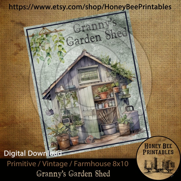 Vintage Primitive Farmhouse Instant Download Printable Sublimation Decoupage JPEG Labels Granny's Garden Shed Plants Pots Bench Summer
