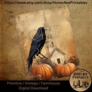 Vintage Digital Download Printable Sublimate Decoupage Primitive, Painting, Old Crow, Pumpkins, Fall, Autumn, Halloween, Crow, Shabby Church