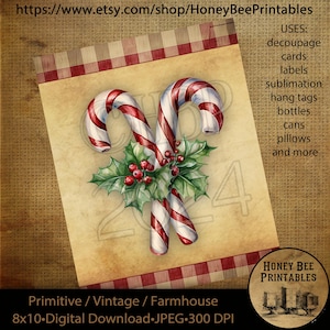 Vintage Primitive Instant Download, Printable, 8x10, Decoupage, Christmas Candy, Candy Canes, Peppermint, Holly Berries, Use for cards, tags