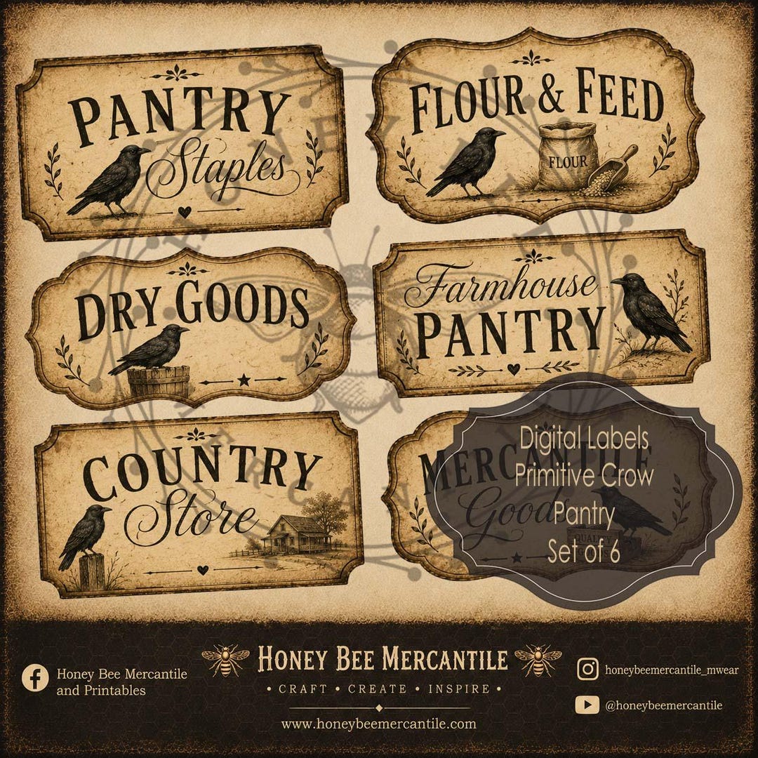 Primitive Crow, Pantry Labels, Set of 6 Labels, Digital Download ...