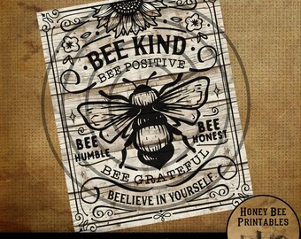 Vintage Primitive Farmhouse Digital Download Printable Sublimation Decoupage Labels Honey Bee Poster Bee Kind Bee Humble Bee Honest Grateful
