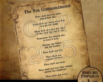 May include: A printable digital download of the Ten Commandments in a vintage style with a brown background and ornate lettering. The text includes the phrase "Thou shalt not..." repeated for each commandment. The image is labeled "Primitive / Vintage / Farmhouse Digital Download JPEG 300 DPI" and "Honey Bee Printables".