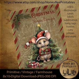 Vintage Primitive Instant Download Printable Decoupage, Vintage Christmas Mouse, Mice, Christmas Greetings, Cards, Labels, Tags,