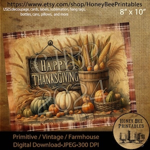 Vintage, Digital Download, Printable, Decoupage, Primitive, Craft Supplies, Fall, Thankful Sign, Autumn, Happy Thanksgiving, Sign,  Pumpkins