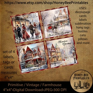 Decoupage stampabile con download immediato primitivo vintage, Natale vittoriano, casa per le vacanze, città natale, set di 4 biglietti, etichette, cartellini