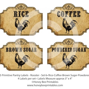 Primitive Rooster Kitchen Pantry Farmhouse Labels Set #6-Printable Digital JPEG - Instant Download - 12945 Jars, crock, crates, books