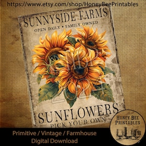 Vintage Digital Download Printable Sublimate Decoupage Primitive, Lato, Kwiaty, Słoneczniki, Słońce, Sunnyside Farms, Wybierz własne
