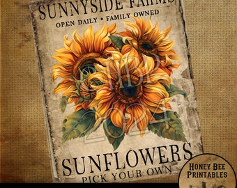 May include: Digital download featuring a vintage-style sign for Sunnyside Farms, showcasing vibrant sunflowers. The sign includes text that reads "Open Daily, Family Owned" and "Pick Your Own". The design is labeled as Primitive, Vintage, and Farmhouse.