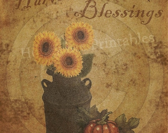 Può includere: Un'immagine in stile vintage con il testo "Harvest Blessings" in scrittura corsiva marrone. L'immagine presenta uno sfondo marrone rustico con un motivo circolare. Un'anfora di latte nera con una zucca davanti. Tre girasoli gialli sono nell'anfora di latte.