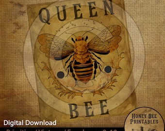 Könnte beinhalten: Ein digitaler druckbarer Entwurf mit einer Vintage-Illustration einer Bienenkönigin mit den Worten "QUEEN BEE" in einer verwitterten Schriftart. Das Design ist perfekt für Landhaus-Dekor, Vintage-Stil und bienenbezogene Projekte. Der Druck ist in 8x10 Zoll erhältlich.