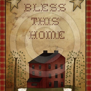 May include: A rustic-style print featuring a red house with a black roof, flanked by weeping willow trees and sheep. The words "Bless This Home" are stitched in a cross-stitch style. The border is a red and gold plaid pattern, with star accents.