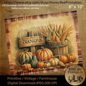 Vintage, Digital Download, Printable, Decoupage, Primitive, Craft Supplies, Fall, Thankful Sign, Autumn, Thanksgiving, Pumpkins, Harvest