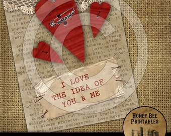 Etiquetas para tarjetas con diseño de corazón de San Valentín, imprimibles, de estilo rústico vintage primitivo, con descarga instantánea, JPEG, 8 x 10. Me encanta la idea de "Tú y yo", arte alterado.