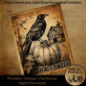 Vintage Digital Download Printable Decoupage Primitive, Fall, Autumn, Harvest, Halloween, Crow on Pumpkin, Pumpkins, Crow, Farm, Pumpkin