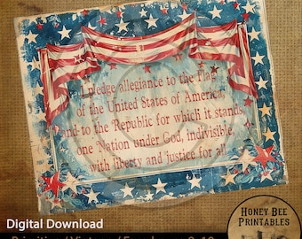 Vintage Primitive Farmhouse Instant Download Printable Sublimation Decoupage JPEG Labels I Pledge Allegiance Flag Americana Patriotic 1776