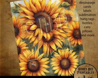 Vintage Primitive Farmhouse Digital Download Printable, Decoupage, Etiquetas, Verão, Outono, Girassóis, Abelhas, Sol, Flores, Verão, 02