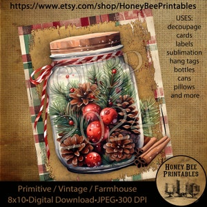 May include: A vintage-style mason jar filled with pine cones, red berries, and sprigs of greenery. The jar is decorated with a red ribbon and sits on a rustic background with a plaid pattern. The image is labeled "Primitive / Vintage / Farmhouse" and "8x10 - Digital Download - JPEG - 300 DPI".