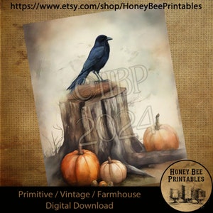 Vintage Digital Download Printable Sublimate Decoupage Primitive, Painting, Old Crow, Fall, Autumn, Watercolor, Crow on Stump 3 Pumpkins