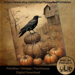 Vintage Crow & Pumpkins Painting: Primitive Fall Barn Art (Digital Download)