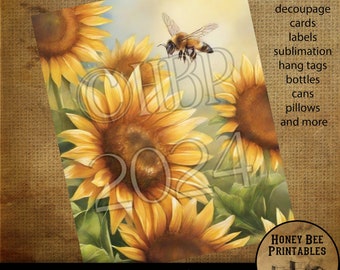 May include: A digital download of a vintage-style image featuring three sunflowers with a bee flying in front of them. The sunflowers are yellow with brown centers and green leaves. The background is a blurred image of a field. The image is 8 inches by 10 inches and has a resolution of 300 DPI. The image is perfect for crafting projects such as decoupage, cards, labels, sublimation, hang tags, bottles, cans, pillows, and more.