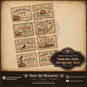 May include: A set of eight rectangular digital labels with a fabric-like texture, featuring illustrations of pumpkins, crows, and autumn foliage. Each label includes text such as Pumpkin Hollow Farm, Fresh Picked, and Olde Pumpkin Patch. The labels measure 3.5 inches by 2.5 inches.