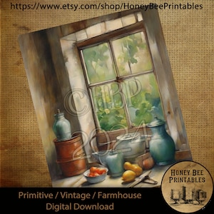 May include: A digital download of a vintage farmhouse painting featuring a window with a view of green trees, a still life of antique metal containers, fruit, and a knife on a wooden table.