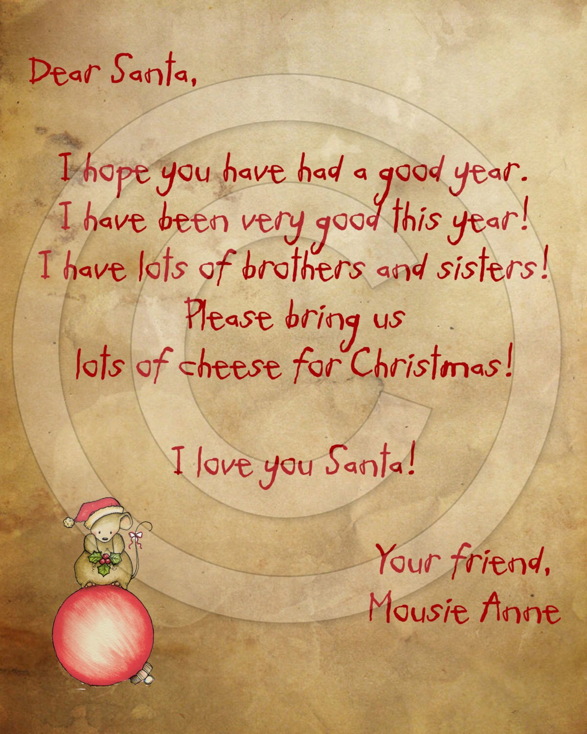 Primitive Christmas Printable Letter to Santa From Mouse Mice Digital ...