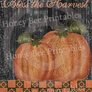 Primitive Autumn Fall Pumpkins Bless the Harvest - 8x10 Instant Folk Art - Card Making -  Instant Download - JPEG - U Print
