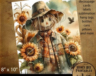 Digital Download, Printable, Decoupage, Vintage, Primitive, Fall, Autumn, Scarecrow, Crow, Halloween, Cornfield, Sunflowers, 8x10