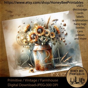Digital Download, Printable, Decoupage, Vintage, Primitive, 8x10, Old Rusty Milk Can, Fall Florals, Sunflowers, Rustic, Rusty, Milk Can