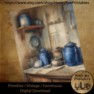 May include: A digital download of a vintage farmhouse kitchen scene with blue enamelware pots and pans on a wooden table. The image is painted in a watercolor style.