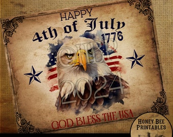 May include: A digital printable design featuring a bald eagle with an American flag background. The text reads "Happy 4th of July 1776" and "God Bless the USA".